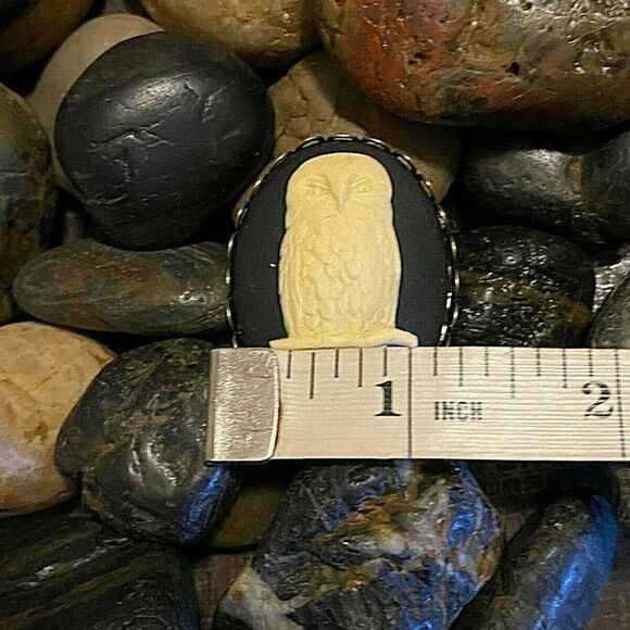 Owl White Black Cameo Brass Adjustable Ring Birds - Picture 7 of 8